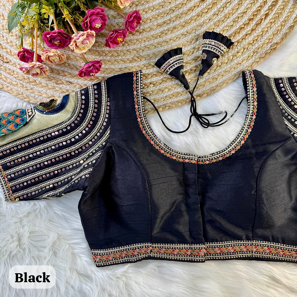 Black Color 3D Peacock Italian Silk Heavy Sleeve Blouse — view 1