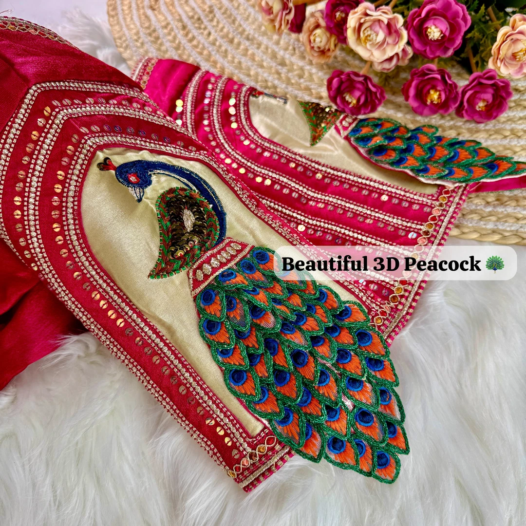 Rani Color Wedding Special 3D Peacock Embroidery Bridal Blouse in Heavy Italian Silk