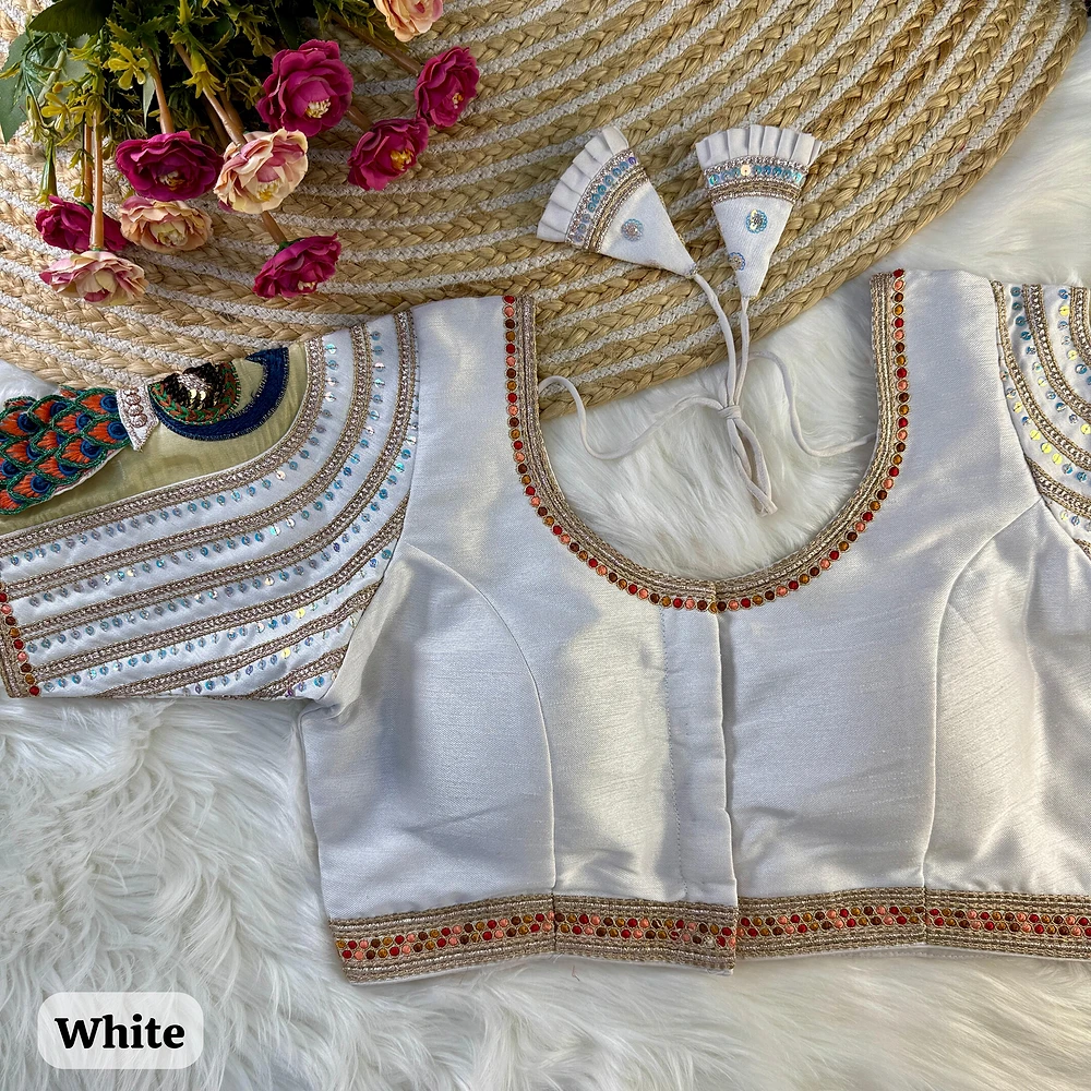 White Color 3D Peacock Italian Silk Blouse — view 1