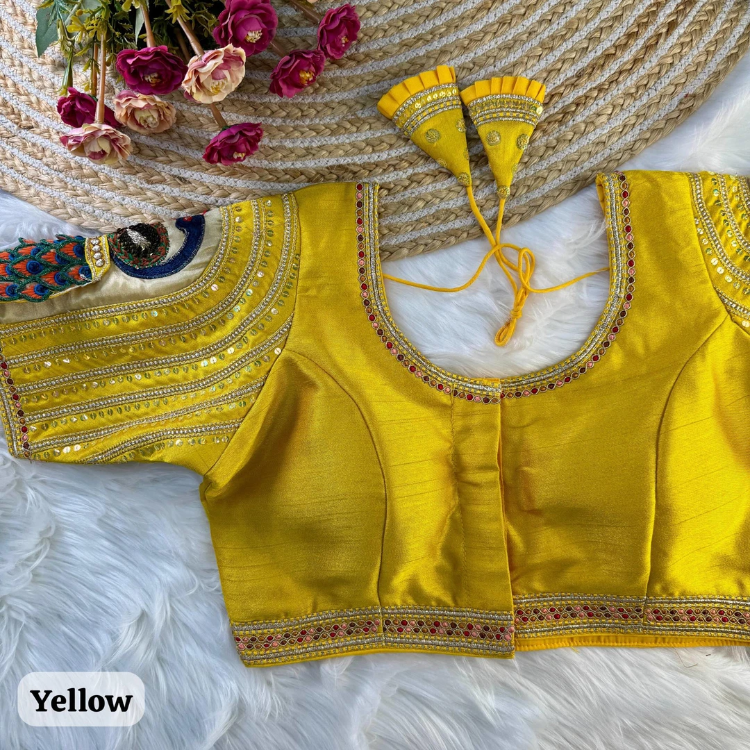 Yellow Color Wedding Special 3D Peacock Embroidery Bridal Blouse in Heavy Italian Silk