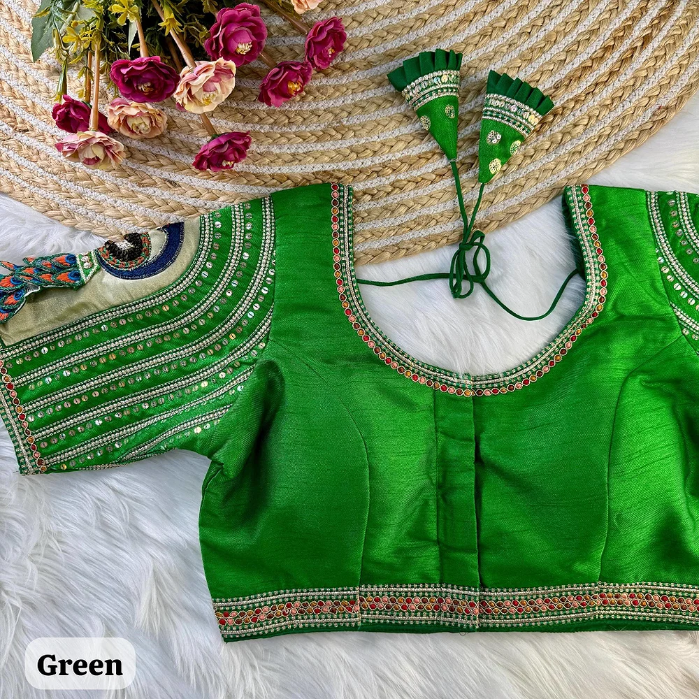 Green Color 3D Peacock Italian Silk Heavy Sleeve Blouse — view 1