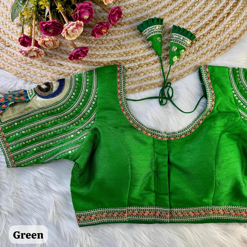 Green Color 3D Peacock Italian Silk Heavy Sleeve Blouse