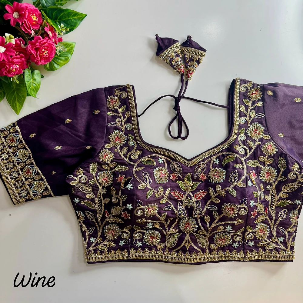 Wine Pure Cosmos Silk Heavy Stars Beads Handwork Bridal Blouse — view 1