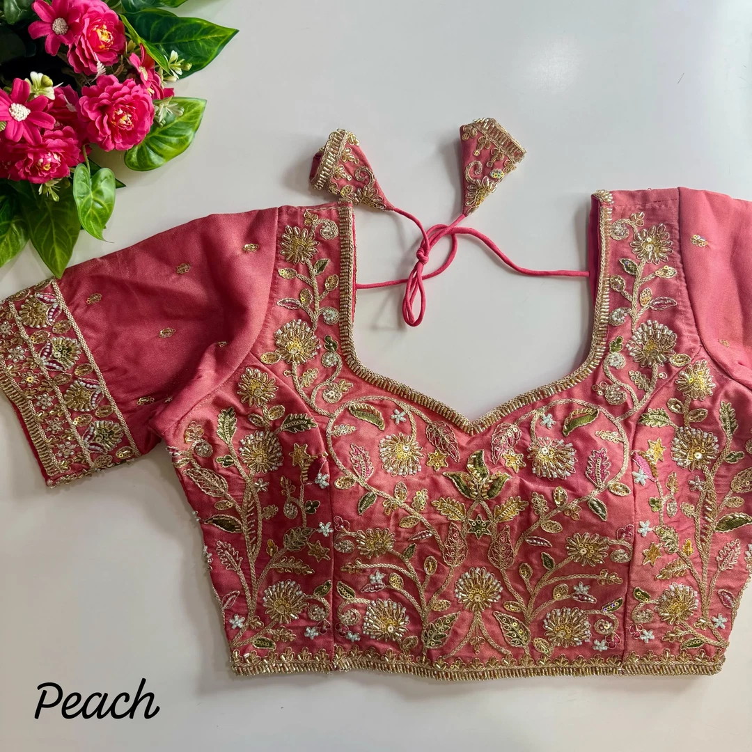 Peach Pure Cosmos Silk Heavy Stars Beads Handwork Bridal Blouse