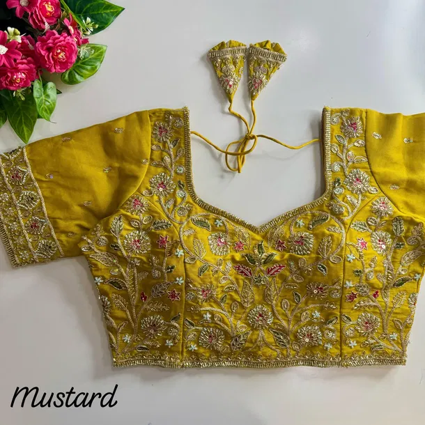 Mustard Pure Cosmos Silk Heavy Stars Beads Handwork Bridal Blouse