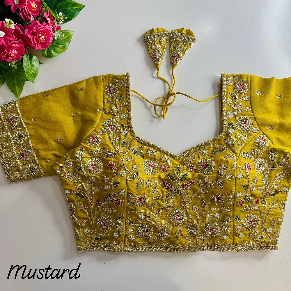 Mustard Pure Cosmos Silk Heavy Stars Beads Handwork Bridal Blouse — view 1