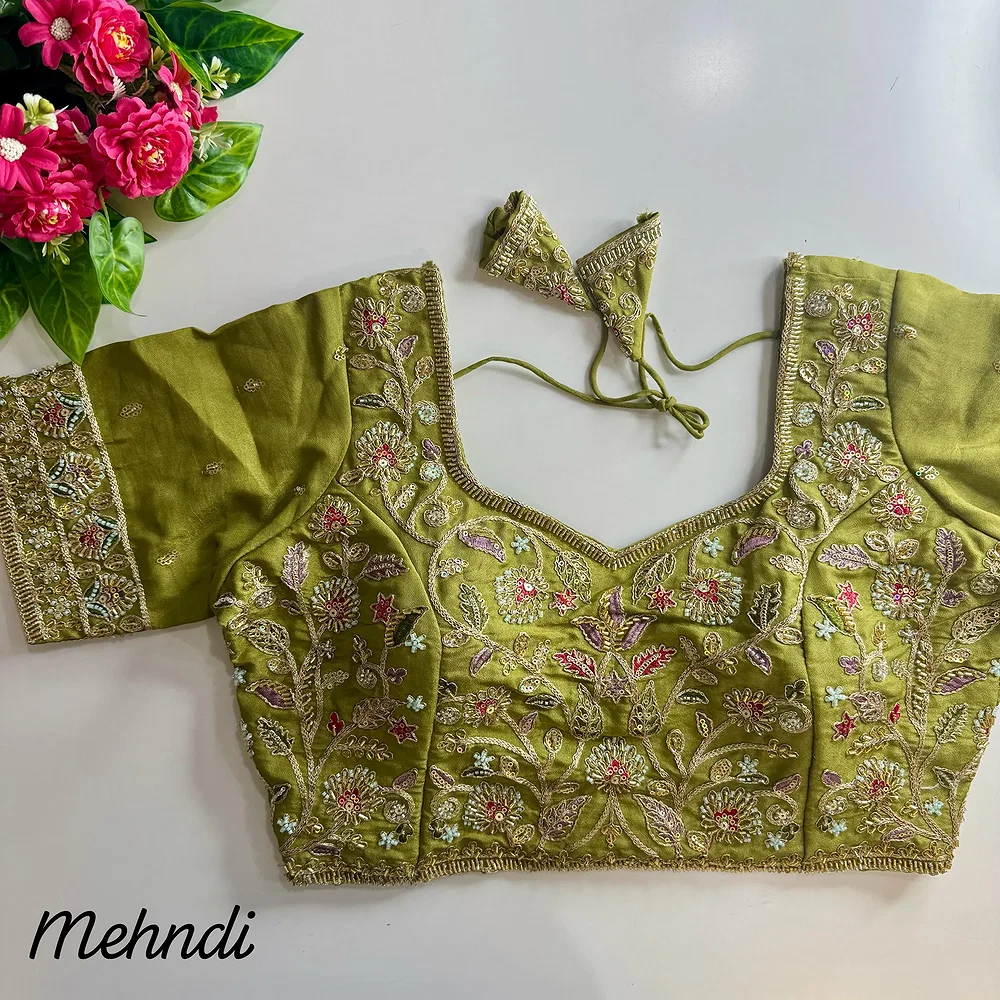 Mehendi Pure Cosmos Silk Heavy Stars Beads Handwork Bridal Blouse — view 1