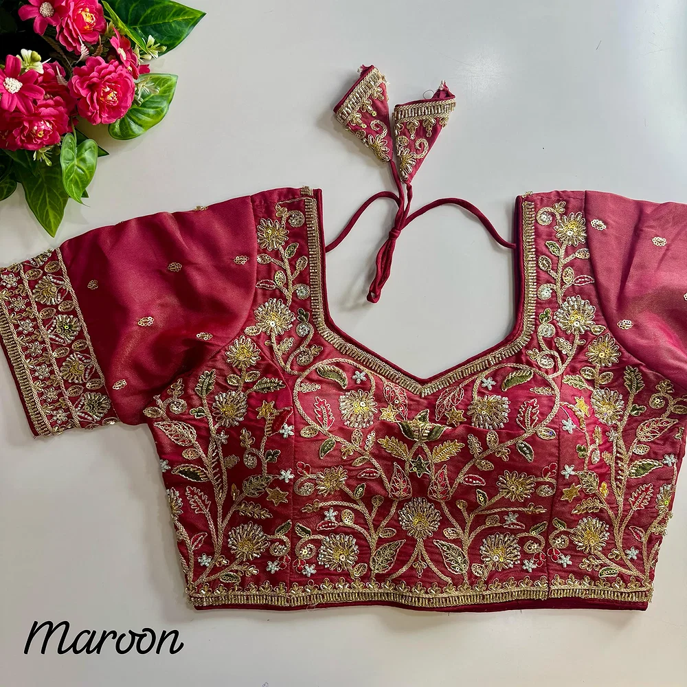 Maroon Pure Cosmos Silk Heavy Stars Beads Handwork Bridal Blouse — view 1