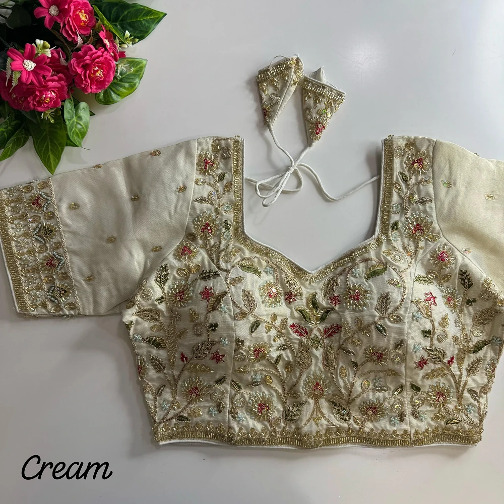 Cream Pure Cosmos Silk Heavy Stars Beads Handwork Bridal Blouse — view 1