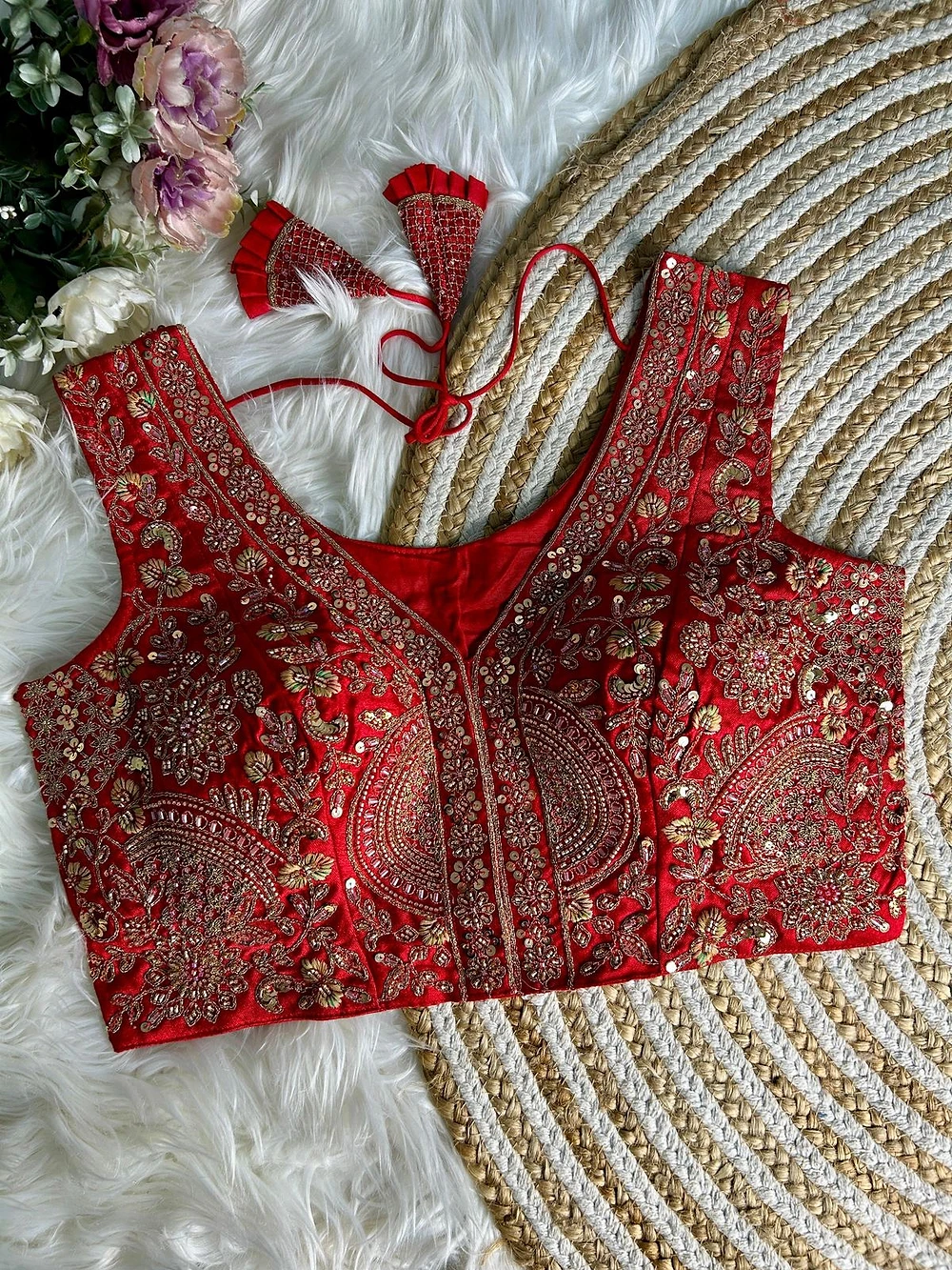 Red Color Luxury Heavy Handwork Sequence Embroidery Blouse in Italian Silk — view 1