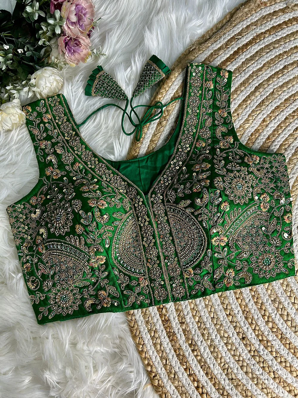 Green Color Luxury Heavy Handwork Sequence Embroidery Blouse in Italian Silk — view 1