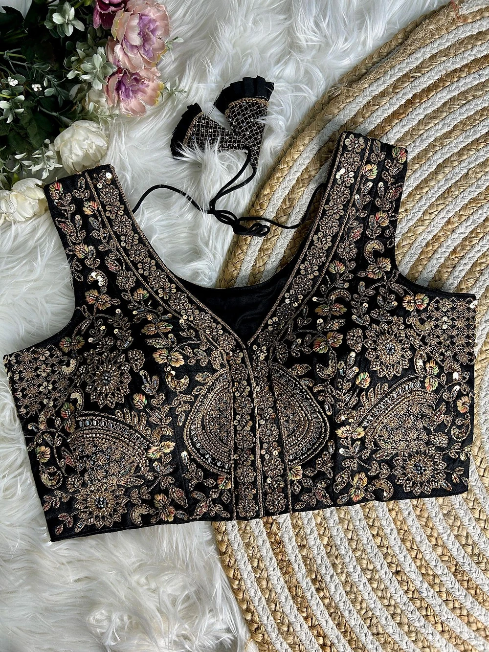 Black Color Luxury Heavy Handwork Sequence Embroidery Blouse in Italian Silk — view 1