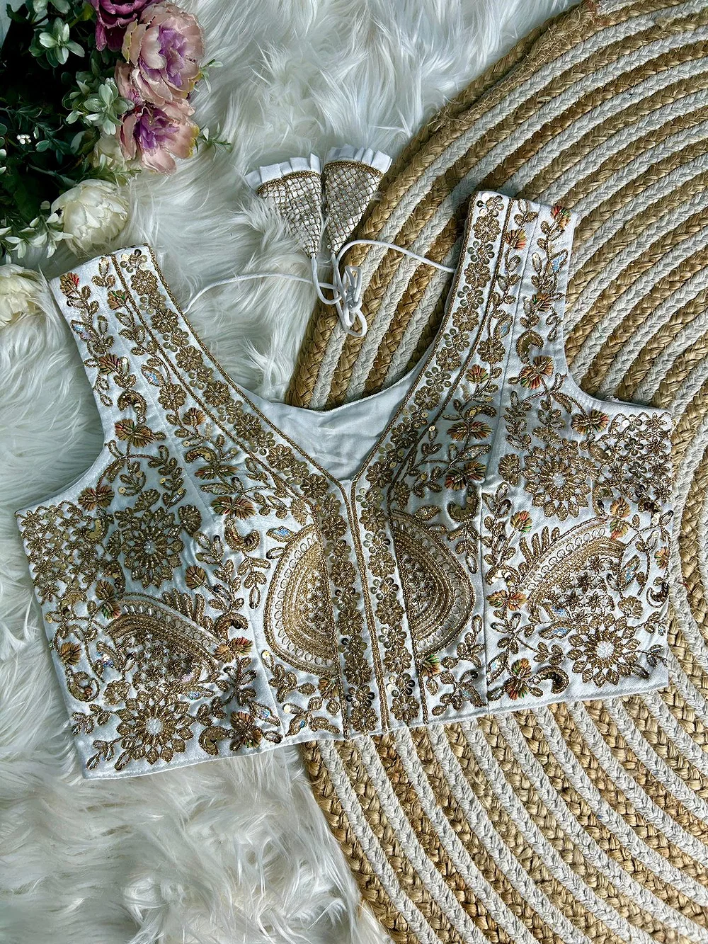 White Color Luxury Heavy Handwork Sequence Embroidery Blouse in Italian Silk — view 1