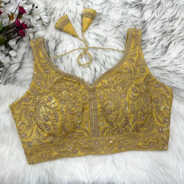 Gold Color Fancy Bridal Blouse with Heavy Embroidery & Latkans in Italian Silk