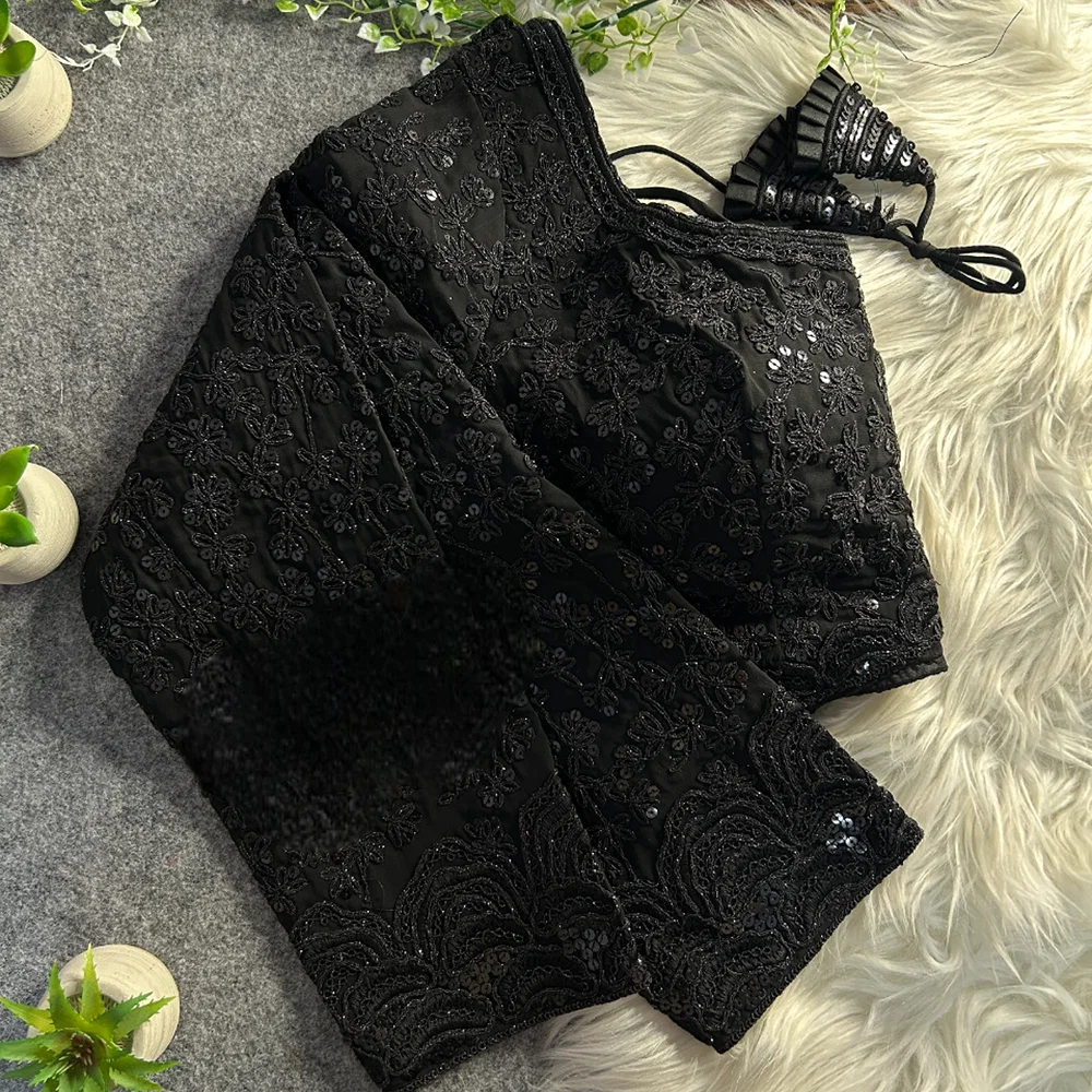 Black Color Georgette Partywear Blouse with Bullet Zari Sequence Work — view 1