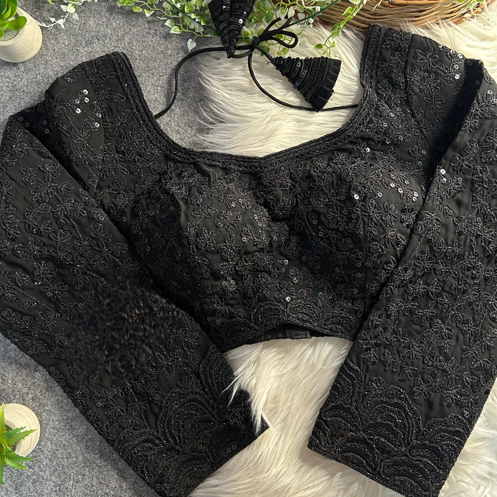Black Color Georgette Partywear Blouse with Bullet Zari Sequence Work — view 2