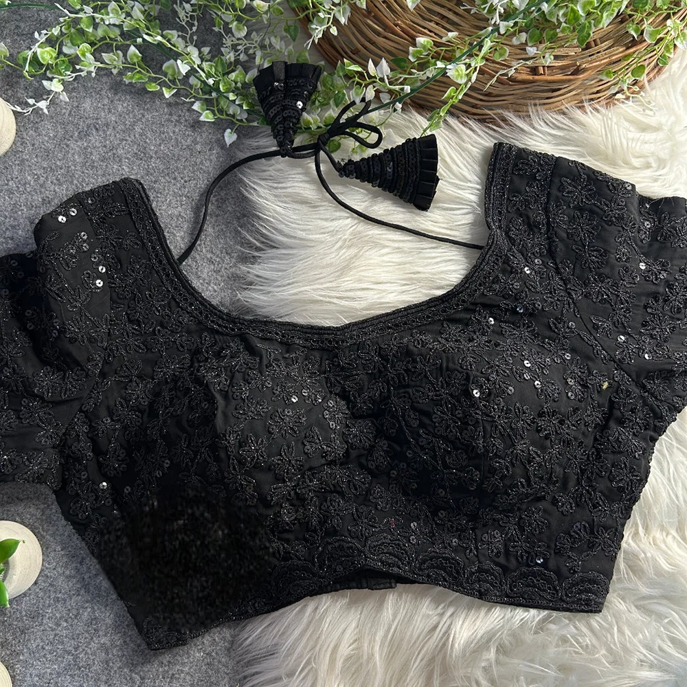 Black Color Georgette Partywear Blouse with Bullet Zari Sequence Work — view 3