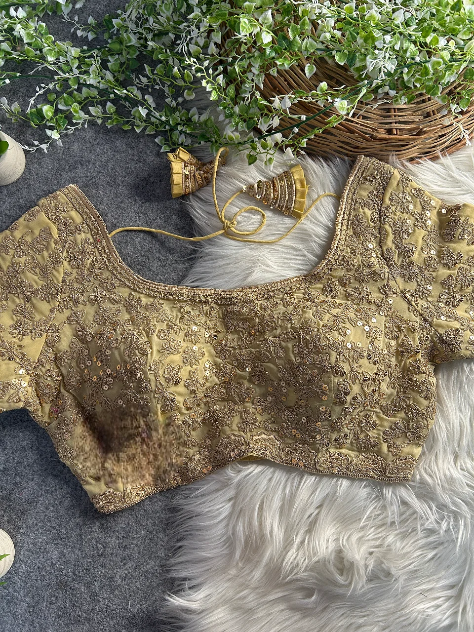 Gold Color Georgette Partywear Blouse with Bullet Zari Sequence Work — view 1