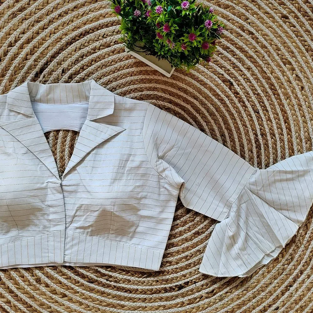 White Pure Cotton Long Puff Sleeves Front Open Blouse — view 3