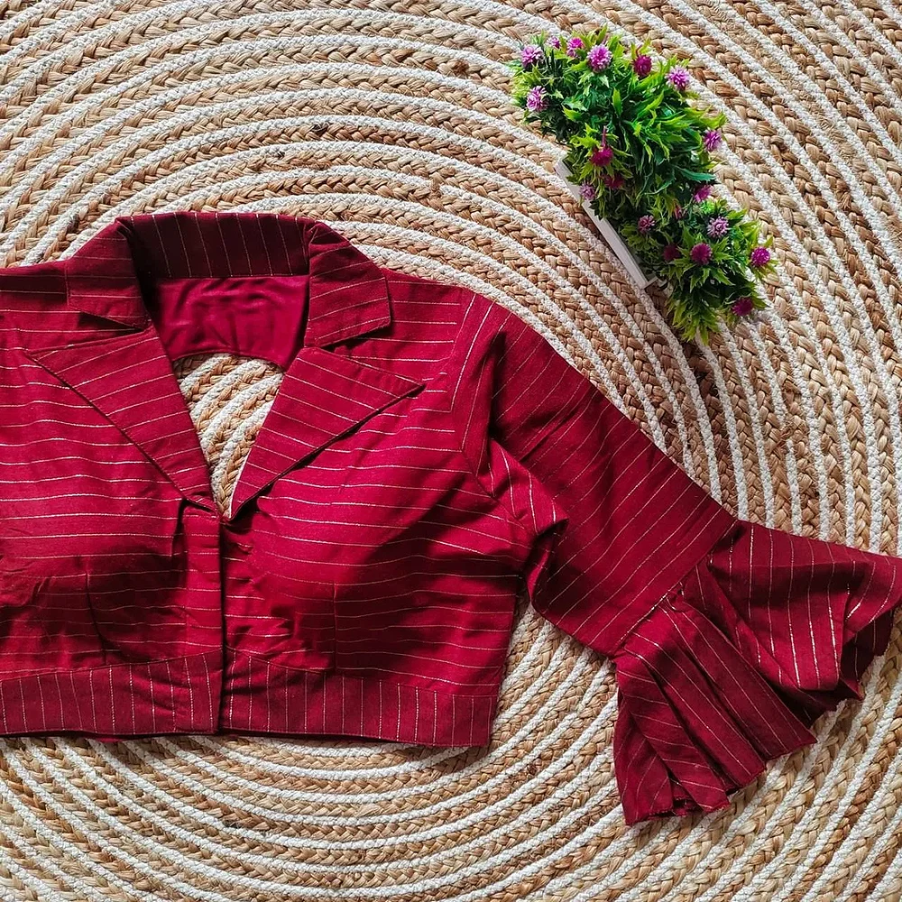 Maroon Pure Cotton Long Puff Sleeves Front Open Blouse — view 1