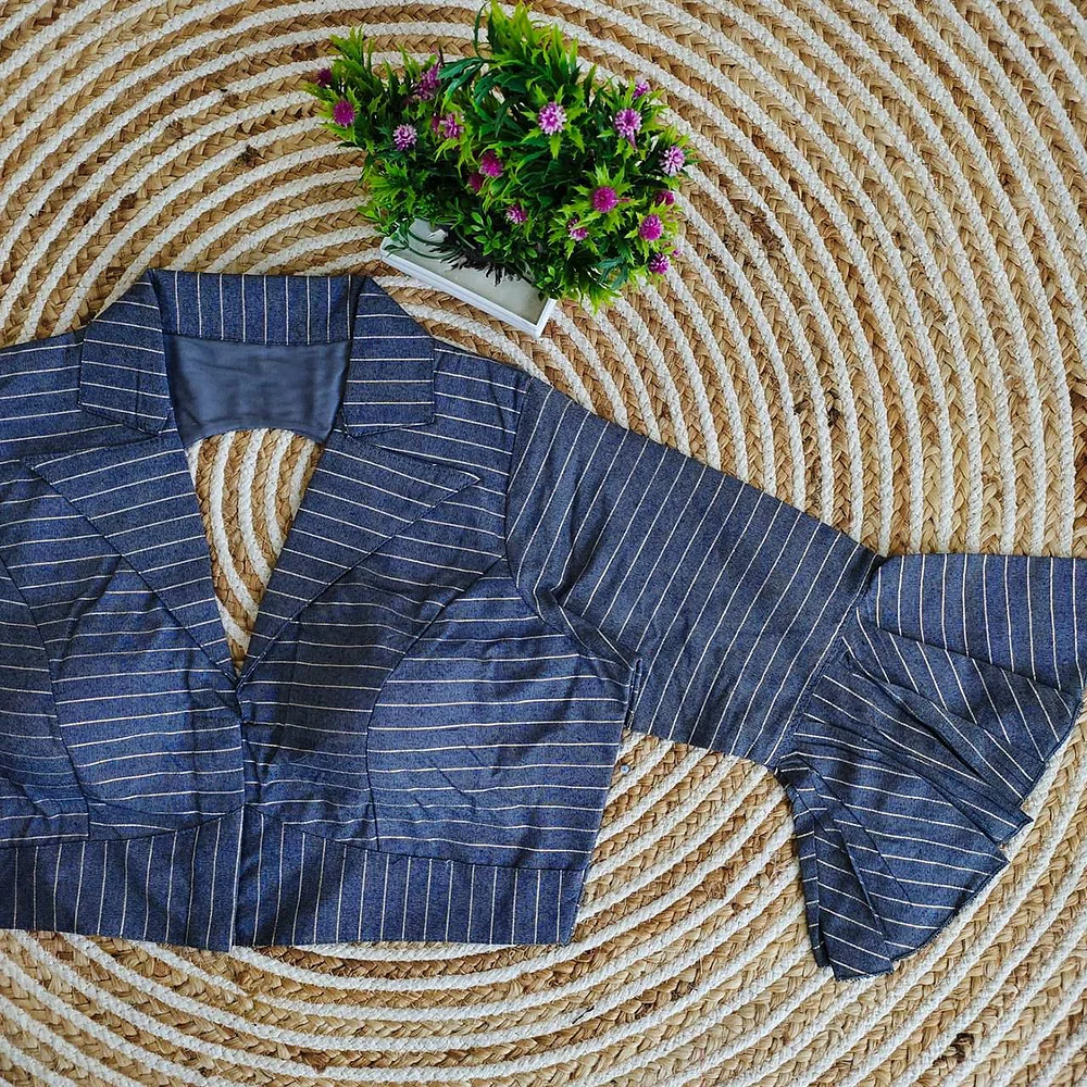 Blue Pure Cotton Long Puff Sleeves Front Open Blouse — view 1