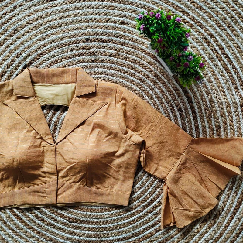 Gold Pure Cotton Long Puff Sleeves Front Open Blouse