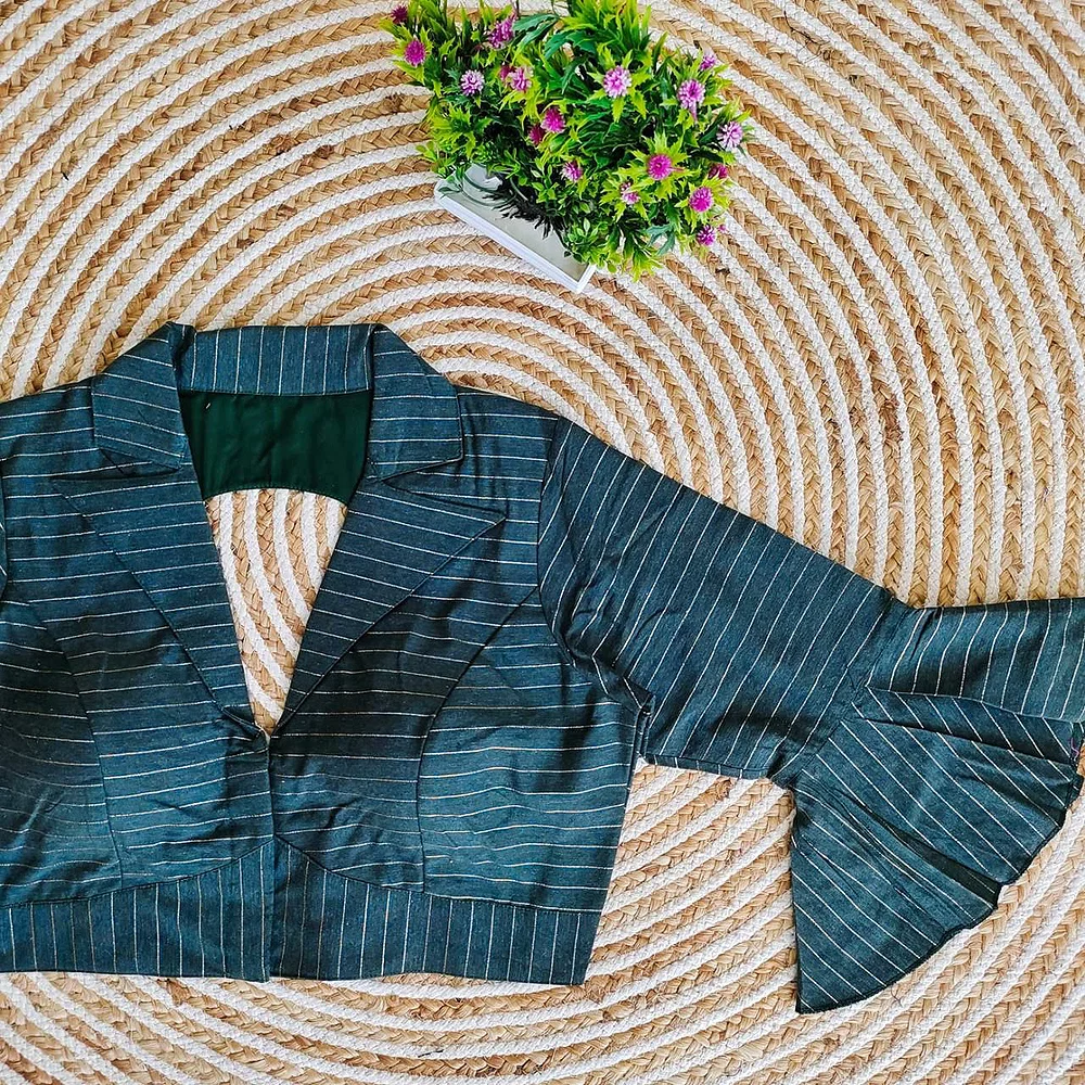 Green Pure Cotton Long Puff Sleeves Front Open Blouse — view 1