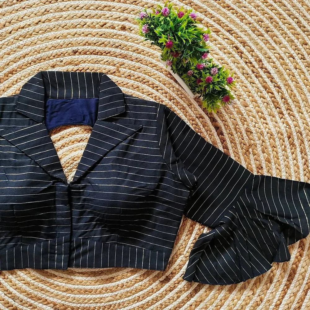 Black Pure Cotton Long Puff Sleeves Front Open Blouse — view 1