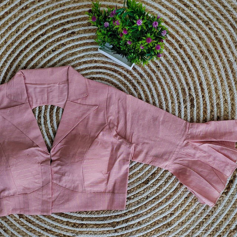 Pink Pure Cotton Long Puff Sleeves Front Open Blouse
