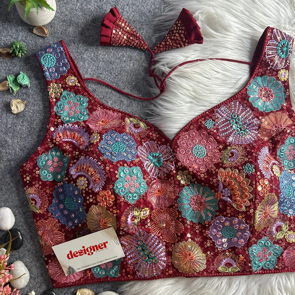 Maroon Royal Heavy Multi-Thread & Sequin Embroidery Georgette Blouse — view 1