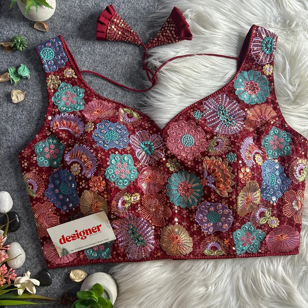 Maroon Royal Heavy Multi-Thread & Sequin Embroidery Georgette Blouse — view 2