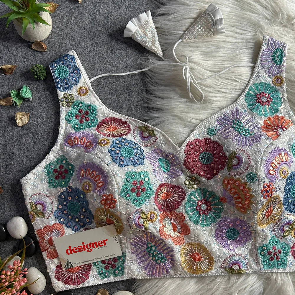 Cream Royal Heavy Multi-Thread & Sequin Embroidery Georgette Blouse — view 2