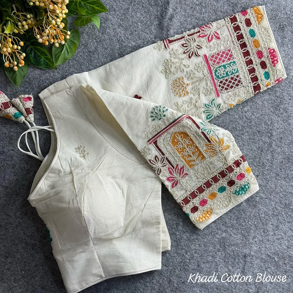 White Heavy Thread Embroidery Work 15+ Inch Sleeves Designer Khadi Blouse — view 2