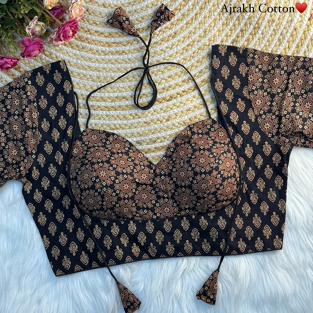 Black Color Original Ajrakh Cotton Halter Neck Blouse – Pure Cotton Print — view 1