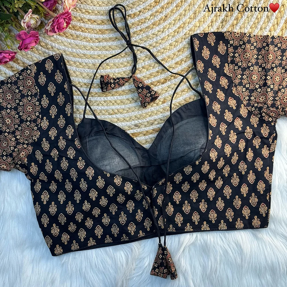 Black Color Original Ajrakh Cotton Halter Neck Blouse – Pure Cotton Print — view 2