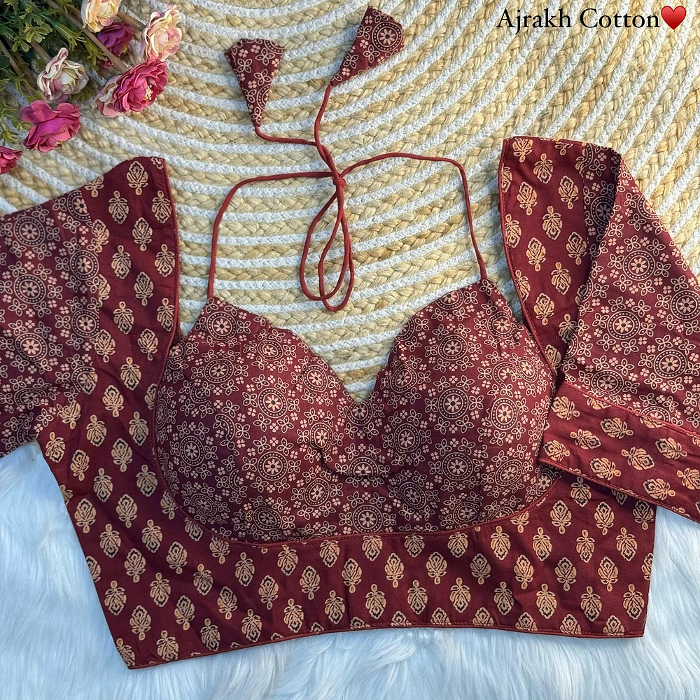 Maroon Color Original Ajrakh Cotton Halter Neck Blouse – Pure Cotton Print — view 1
