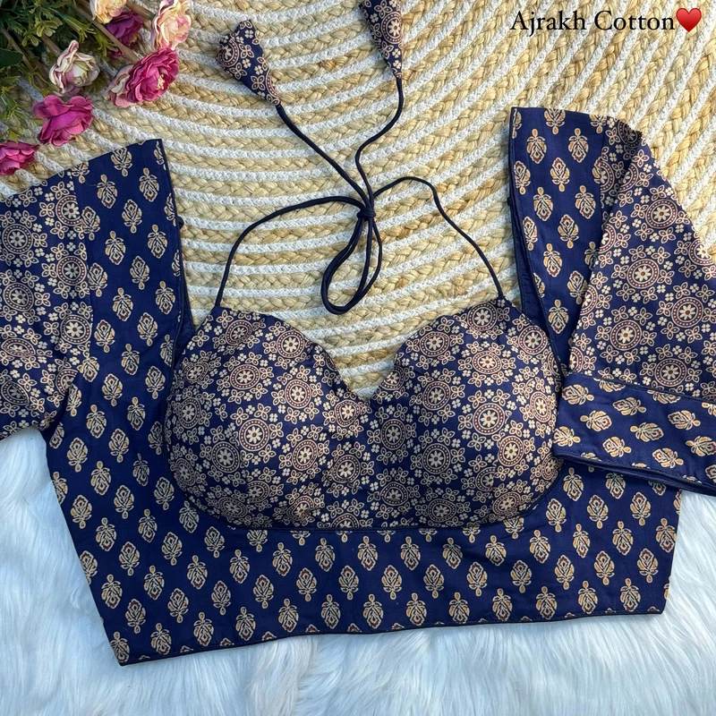 Navy Blue Color Original Ajrakh Cotton Halter Neck Blouse – Pure Cotton Print