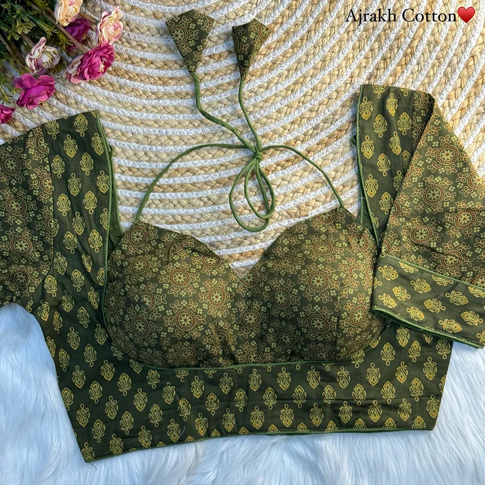 Mehndi Color Original Ajrakh Cotton Halter Neck Blouse – Pure Cotton Print — view 1