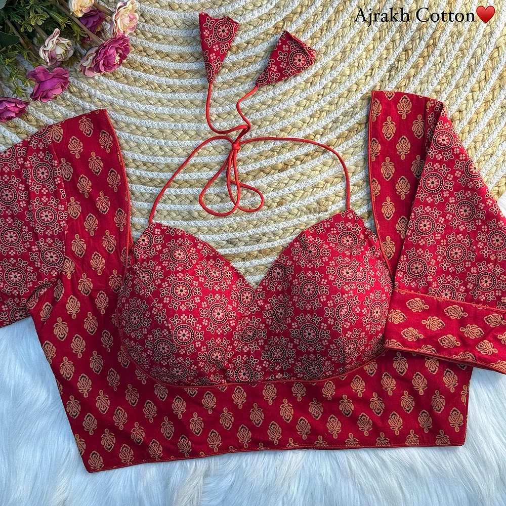 Red Color Original Ajrakh Cotton Halter Neck Blouse – Pure Cotton Print — view 1
