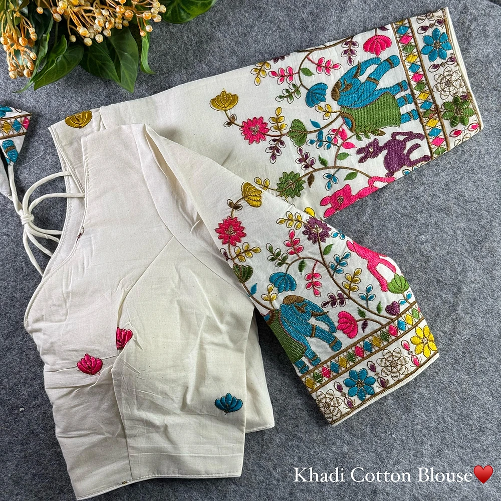 White Heavy Thread Embroidery Work 15+ Inch Sleeves Designer Khadi Blouse — view 1
