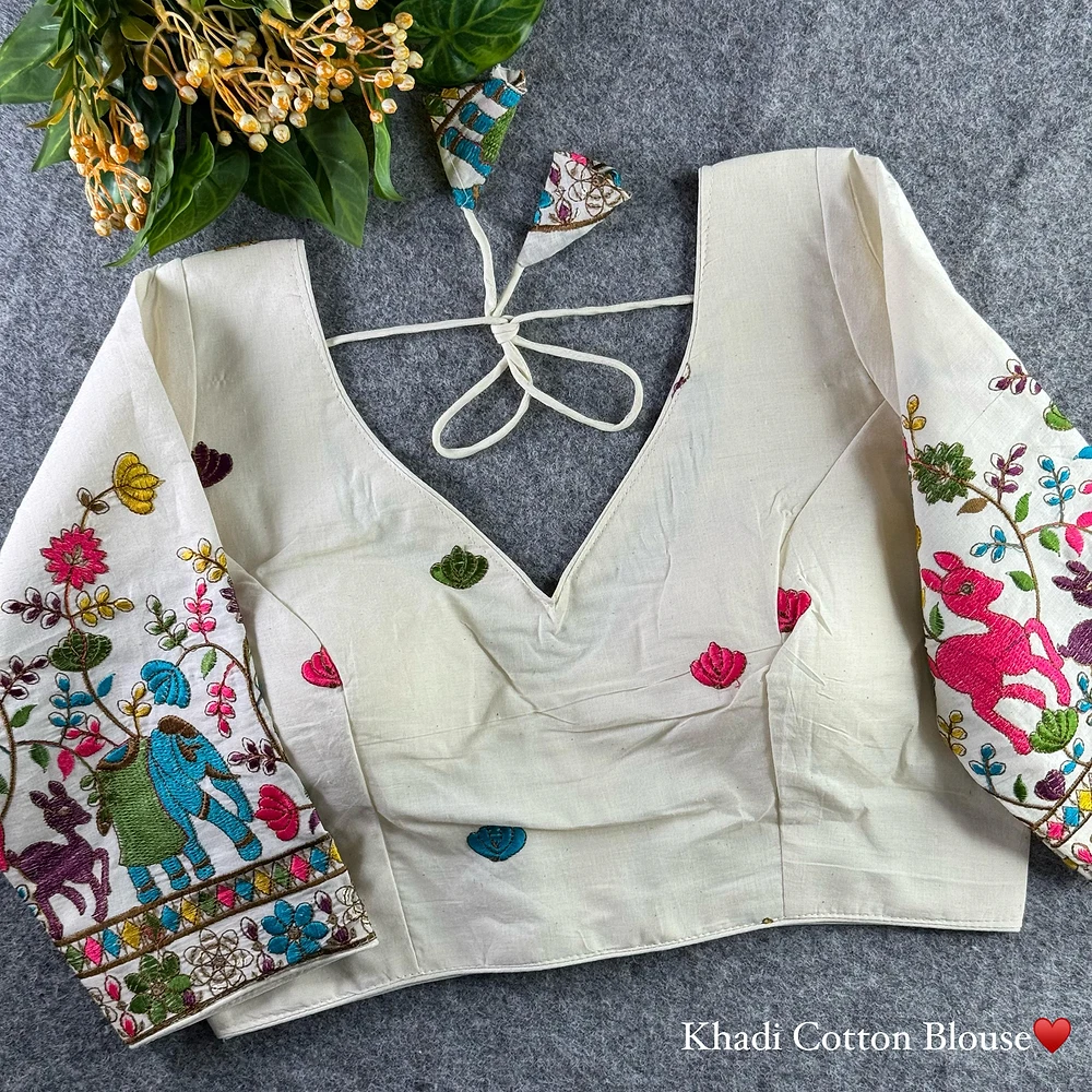White Heavy Thread Embroidery Work 15+ Inch Sleeves Designer Khadi Blouse — view 2