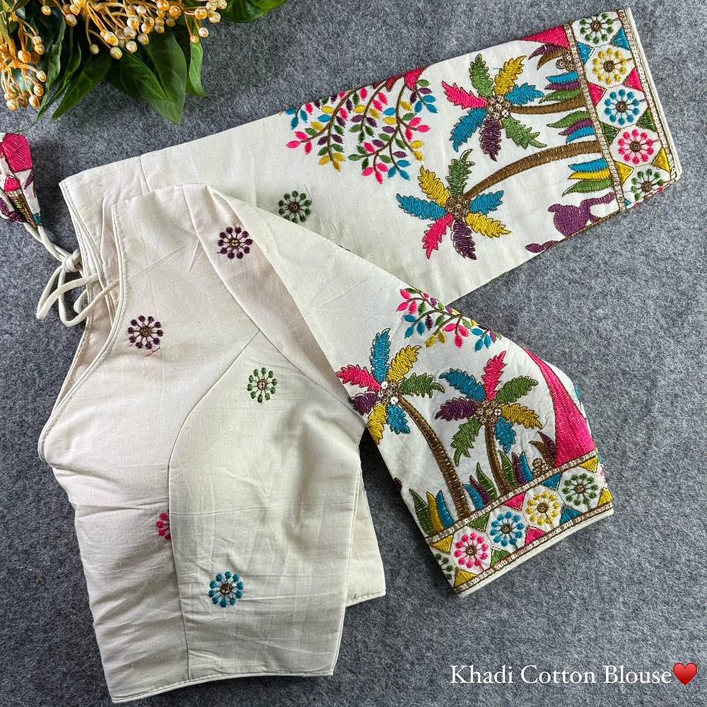 White Heavy Thread Embroidery Work 15+ Inch Sleeves Designer Khadi Blouse — view 1