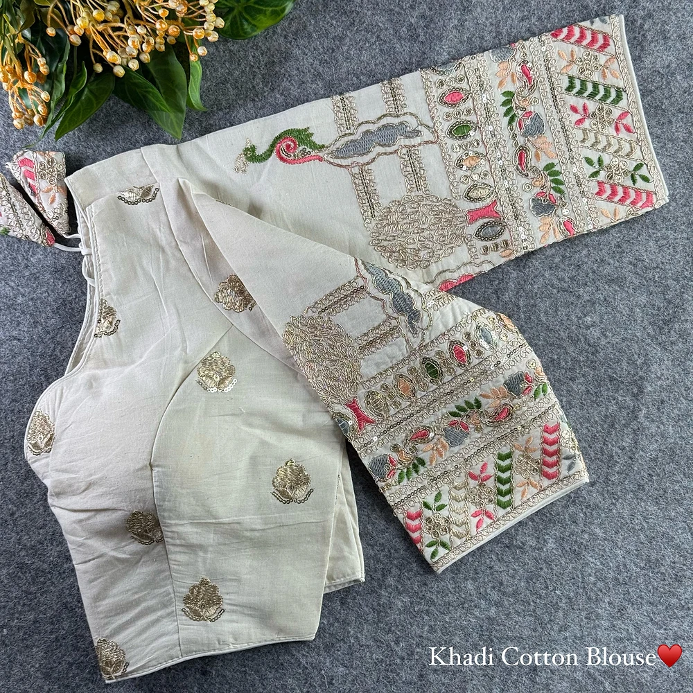White Heavy Thread Embroidery Work 15+ Inch Sleeves Designer Khadi Blouse — view 1