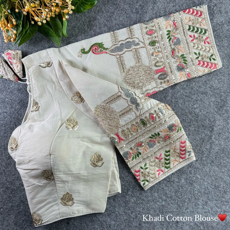 White Heavy Thread Embroidery Work 15+ Inch Sleeves Designer Khadi Blouse