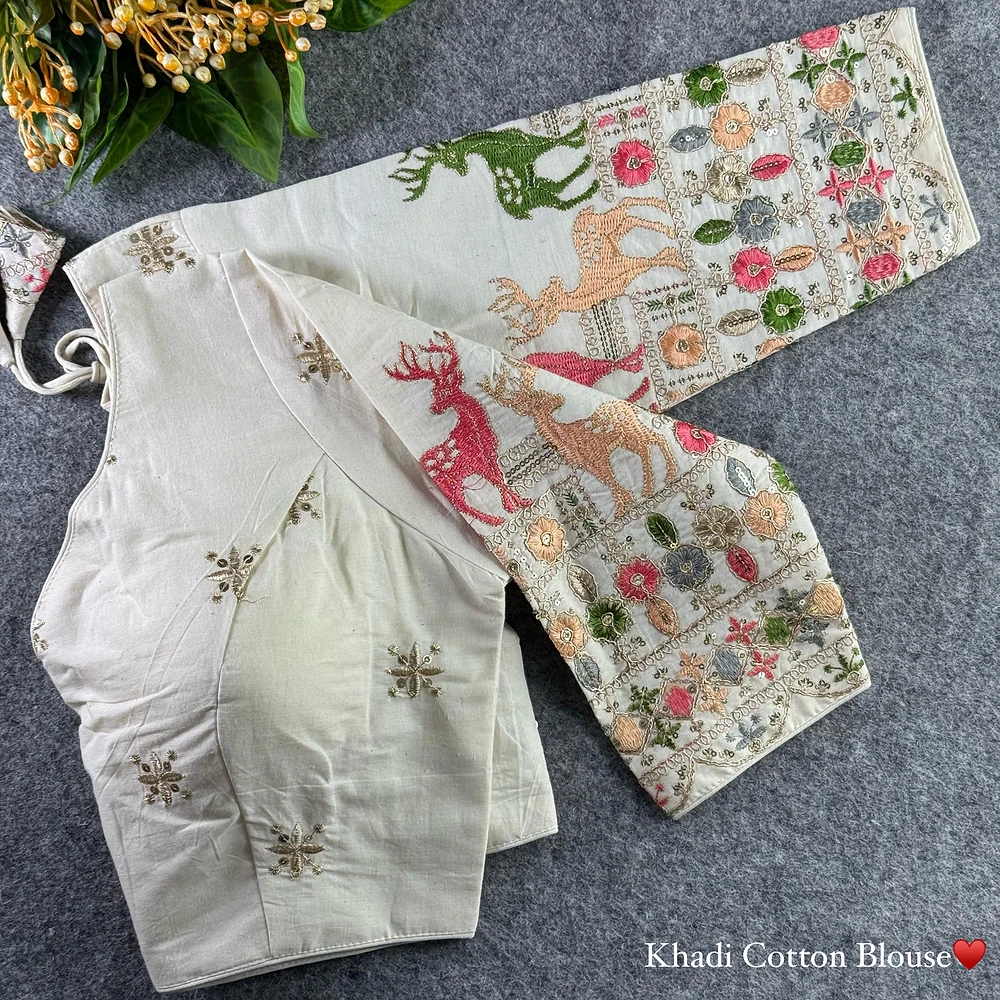 White Heavy Thread Embroidery Work 15+ Inch Sleeves Designer Khadi Blouse — view 1