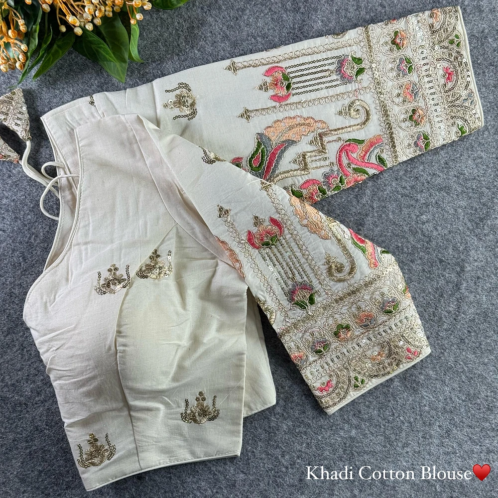 White Heavy Thread Embroidery Work 15+ Inch Sleeves Designer Khadi Blouse — view 1