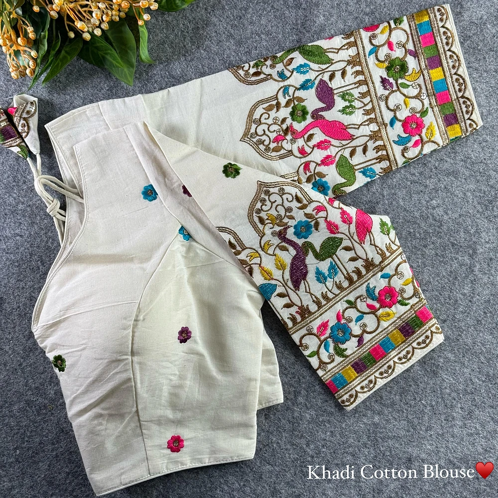 White Heavy Thread Embroidery Work 15+ Inch Sleeves Designer Khadi Blouse — view 1