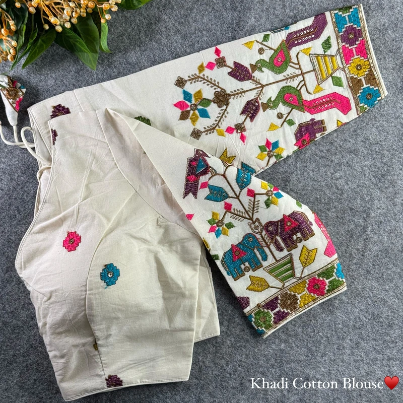 White Heavy Thread Embroidery Work 15+ Inch Sleeves Designer Khadi Blouse