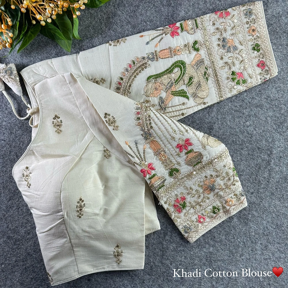 White Heavy Thread Embroidery Work 15+ Inch Sleeves Designer Khadi Blouse — view 1
