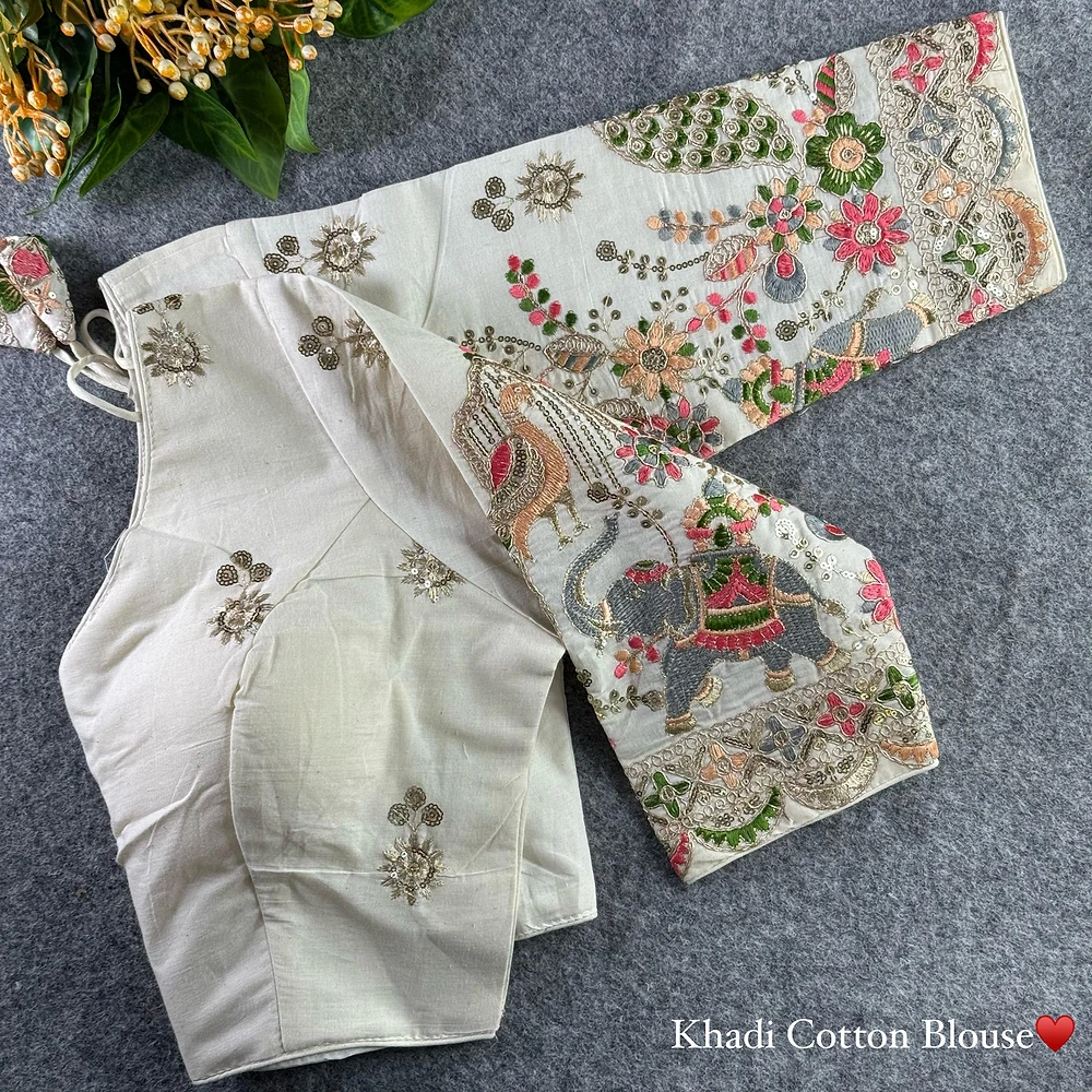 White Heavy Thread Embroidery Work 15+ Inch Sleeves Designer Khadi Blouse — view 1